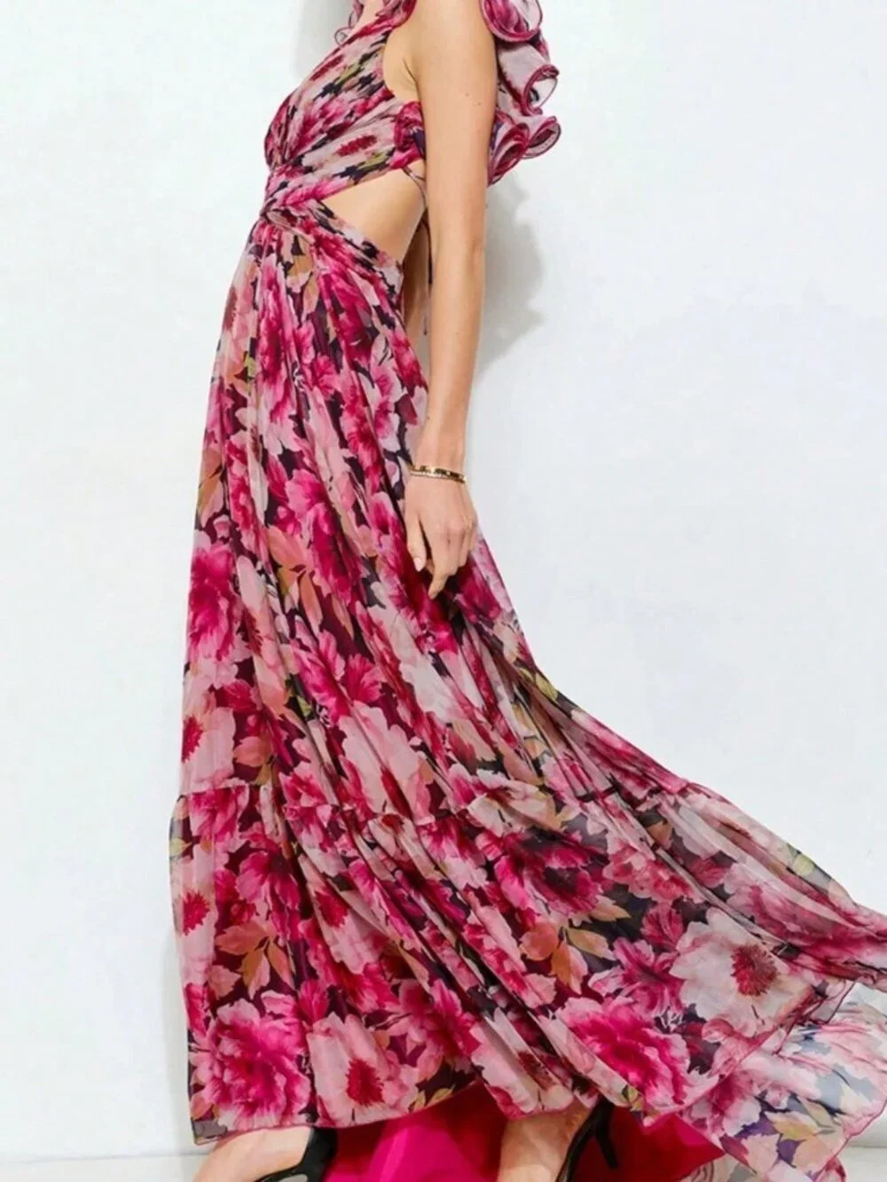 Hot Pink Elegant Women's Fairycore Floral Maxi Dress Ruched Waist